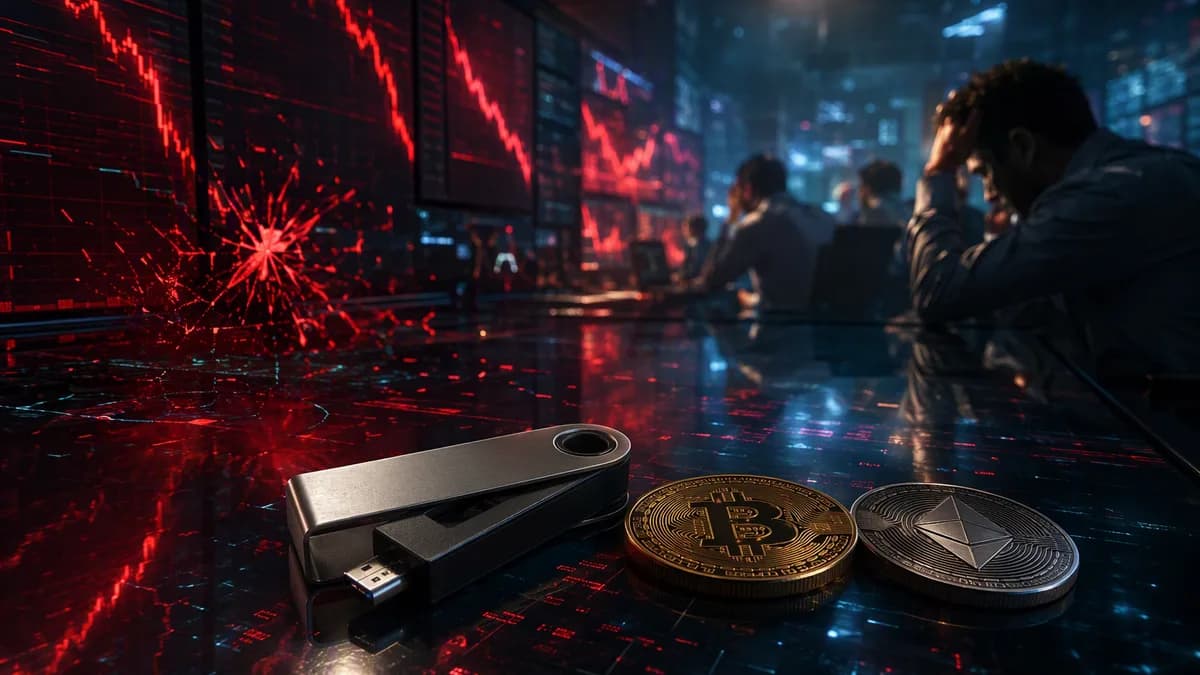 Crypto trading desk with falling market charts and a hardware wallet under cyberattack atmosphere