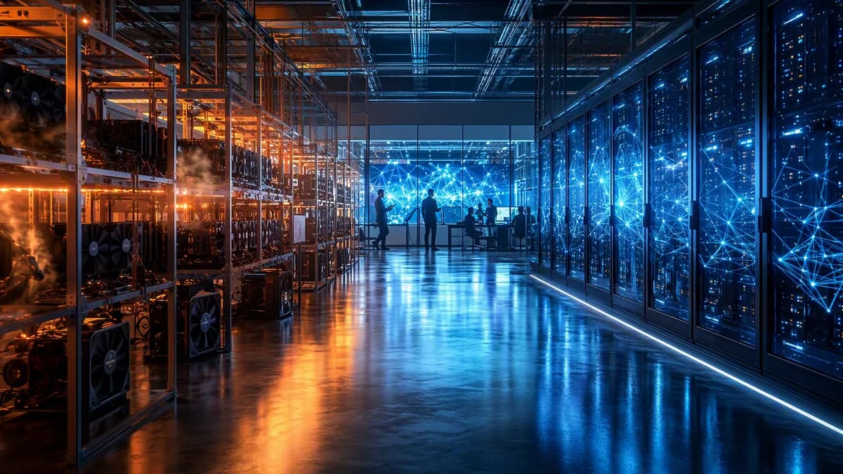 Data center shifting from bitcoin mining rigs to AI GPU servers with glowing neural network visuals.