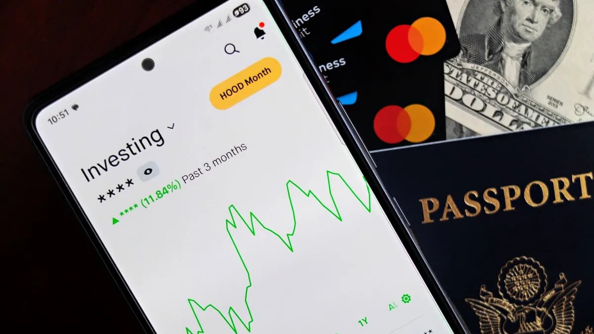 Smartphone displaying investing app, with credit cards, cash, and passport nearby, symbolizing finance