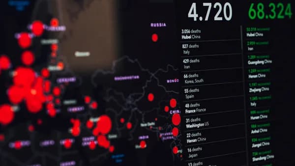 Digital visualization of COVID-19 statistics showing deaths and recoveries globally.