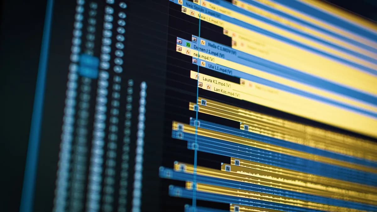 Close-up of a video editing timeline on a computer screen, showcasing modern technology.