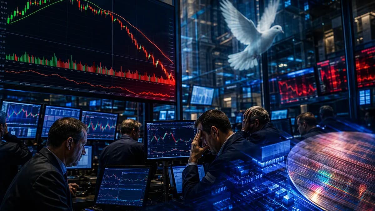 Trading floor with fading market rally visuals, dove reflection, and semiconductor chips under cinematic light