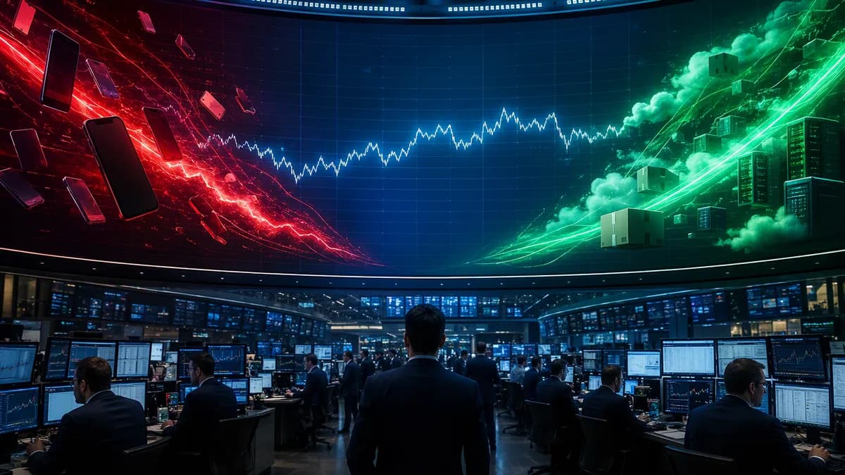 Trading floor showing red tech selloff and green ecommerce surge balancing a steady market chart.