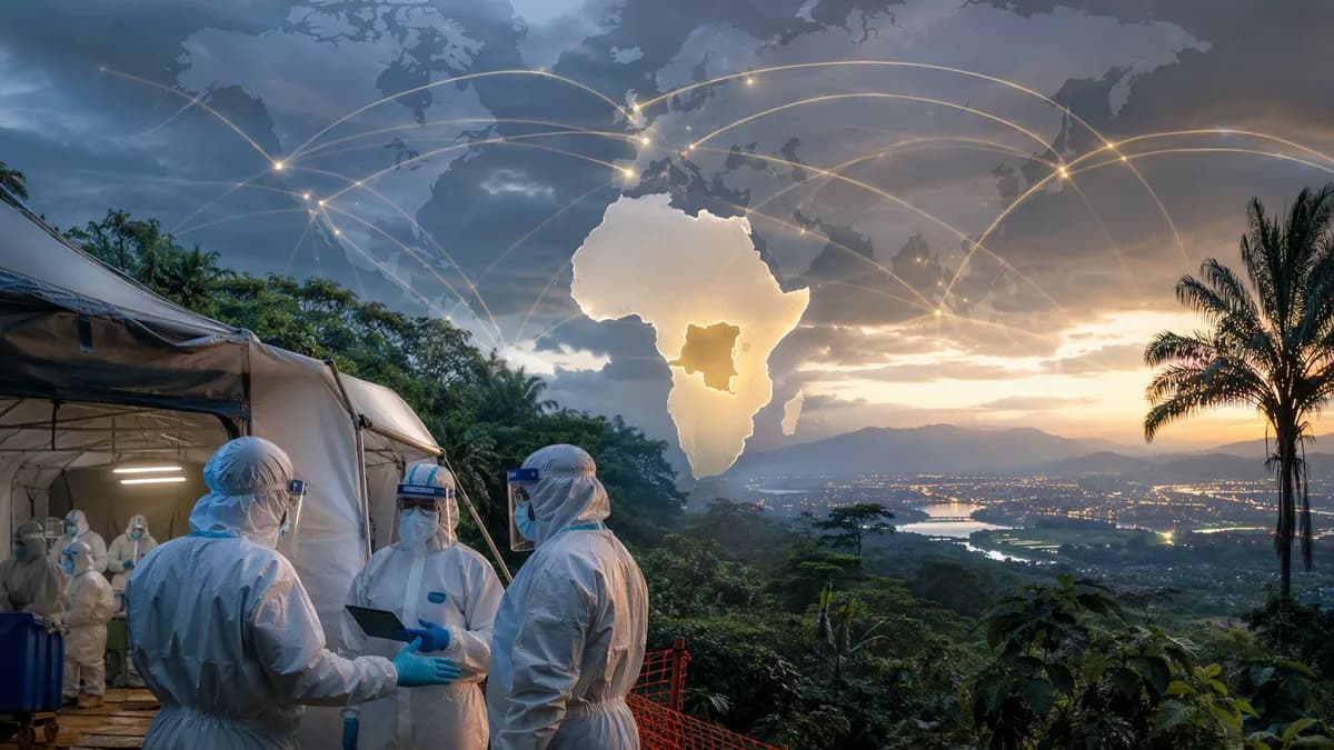 Medical workers in DR Congo with world map and global health connection arcs during Ebola outbreak