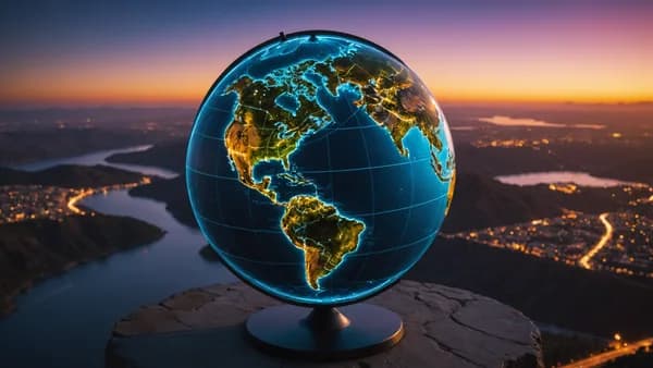 Earth globe with glowing network lines, symbolizing digital connections and global political influence.