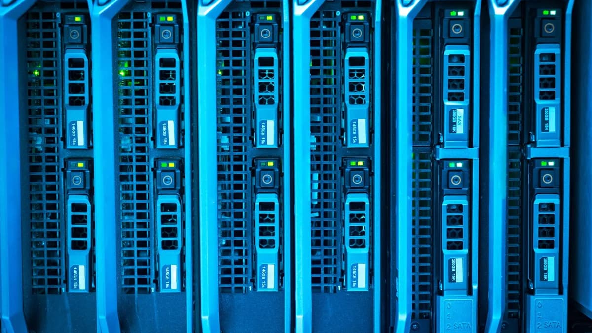 Detailed image of illuminated server racks showcasing modern technology infrastructure.