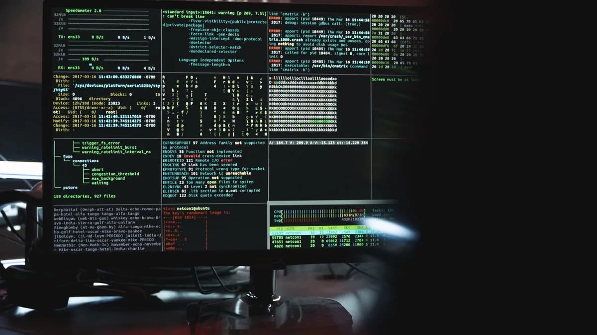 Close-up of a computer monitor displaying cyber security data and code, indicative of system hacking or programming.