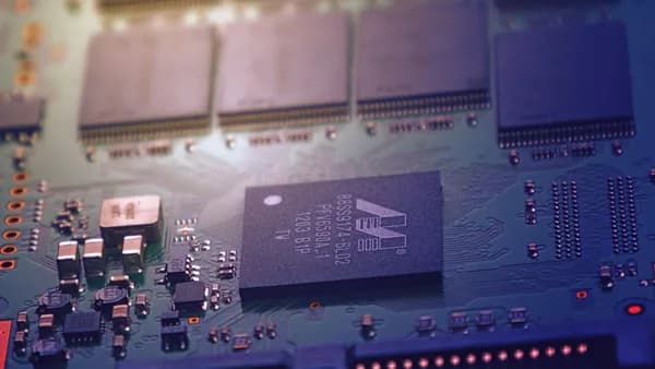 Detailed image of an electronic circuit board showing microchips and intricate wiring in a modern technological setting.
