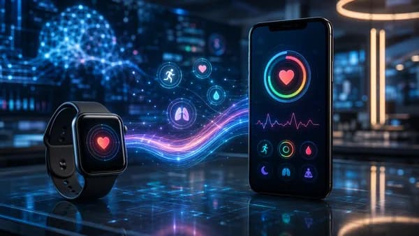 Smartwatch health data streaming wirelessly to a smartphone in a sleek futuristic workspace.