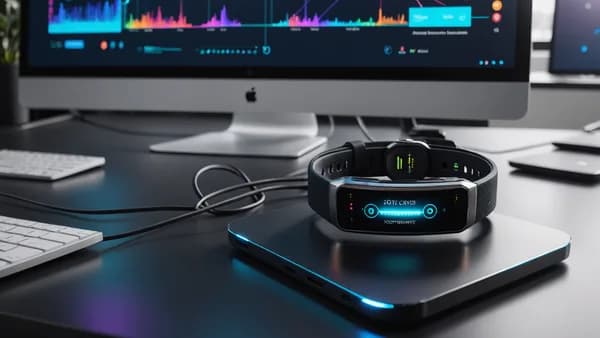 A futuristic health and safety wearable band on a sleek desk, with glowing data interfaces in a tech innovation hub.