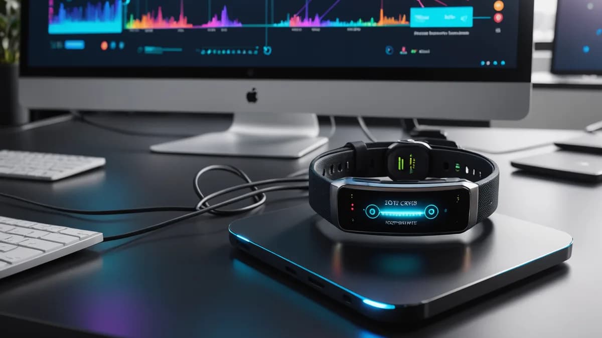 A futuristic health and safety wearable band on a sleek desk, with glowing data interfaces in a tech innovation hub.