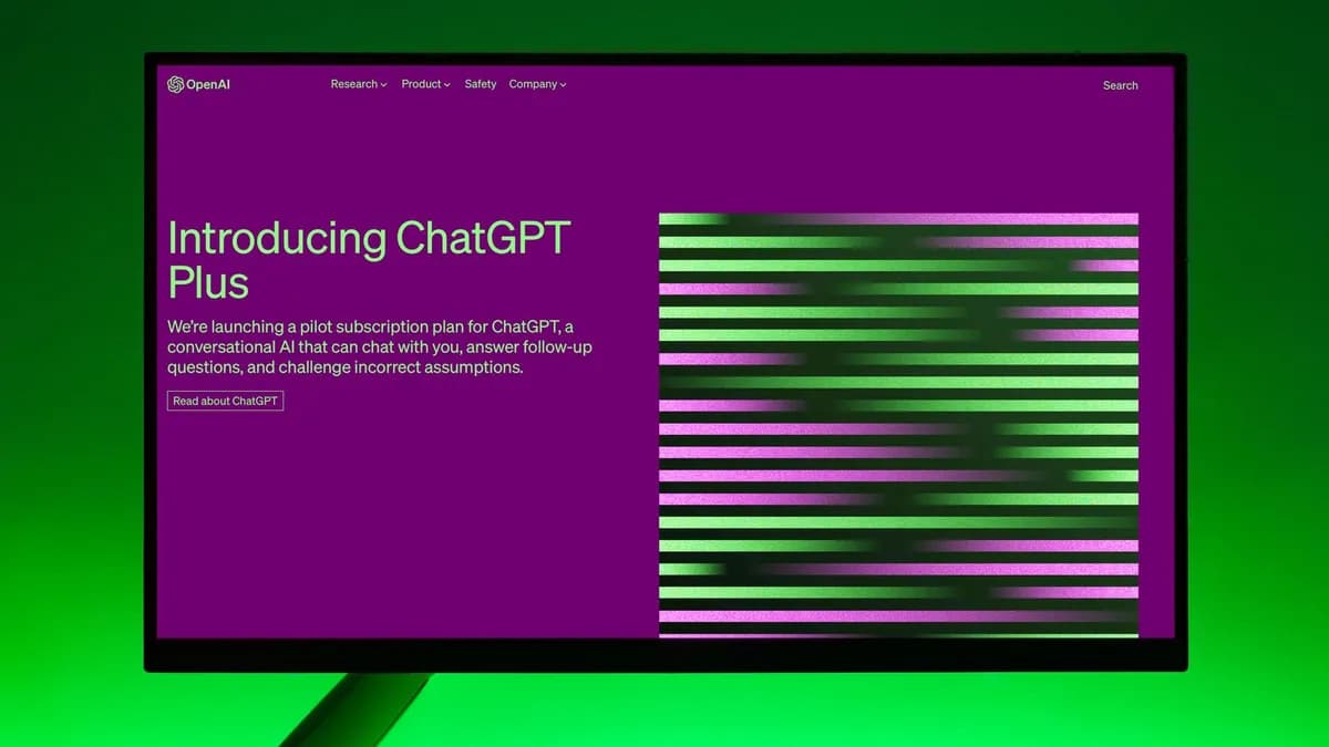 Close-up of a monitor displaying ChatGPT Plus introduction on a green background.