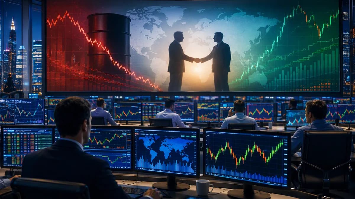 Trading floor with oil chart plunging and diplomatic handshake silhouettes signaling improved market mood