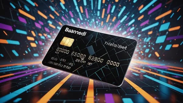Abstract representation of a financial ban: a shattering credit card over digital market graphs in a futuristic trading environment.