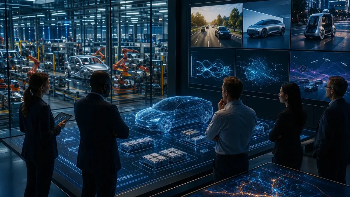 Automotive innovation hub showing EV platforms and broader mobility strategy in a futuristic factory setting.