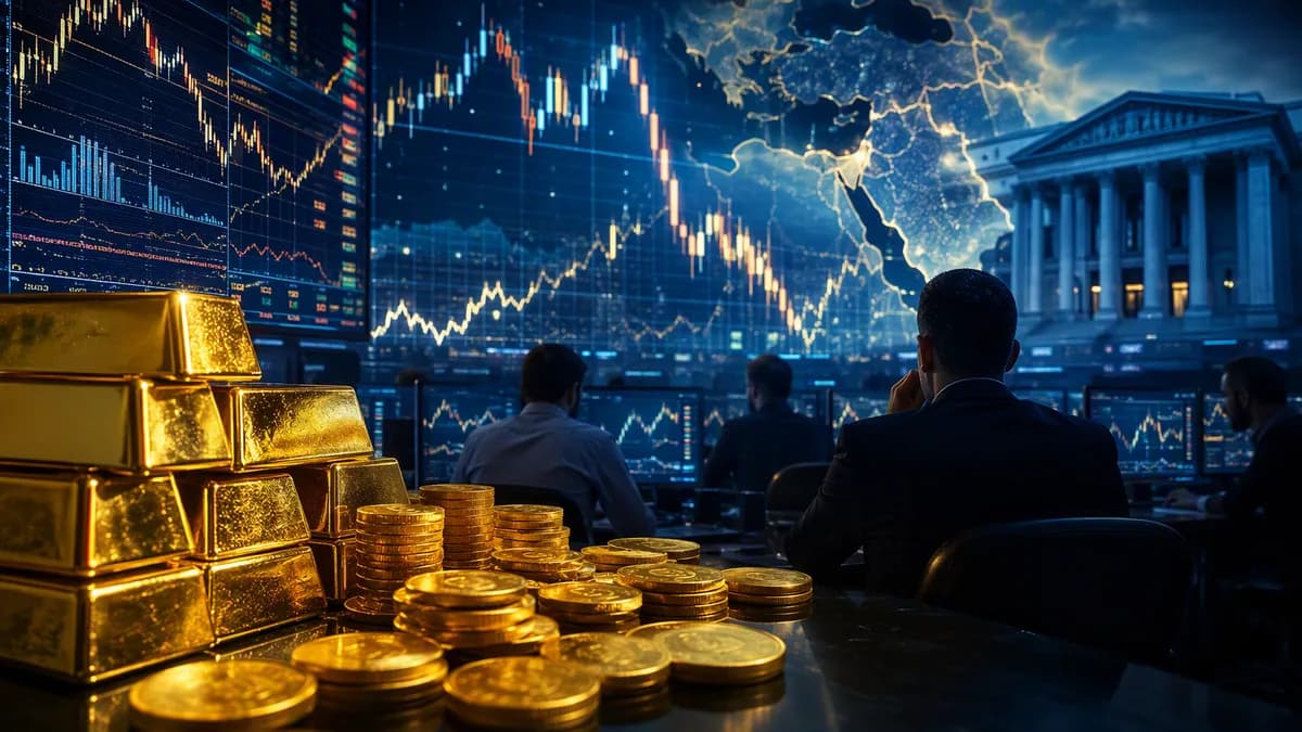 Gold bars on a tense trading desk with abstract market charts and geopolitical silhouettes in the background