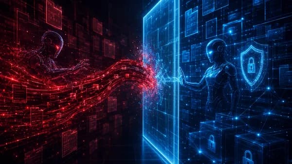 Two AI agents clash as a red data stream breaches a shielded software repository environment.