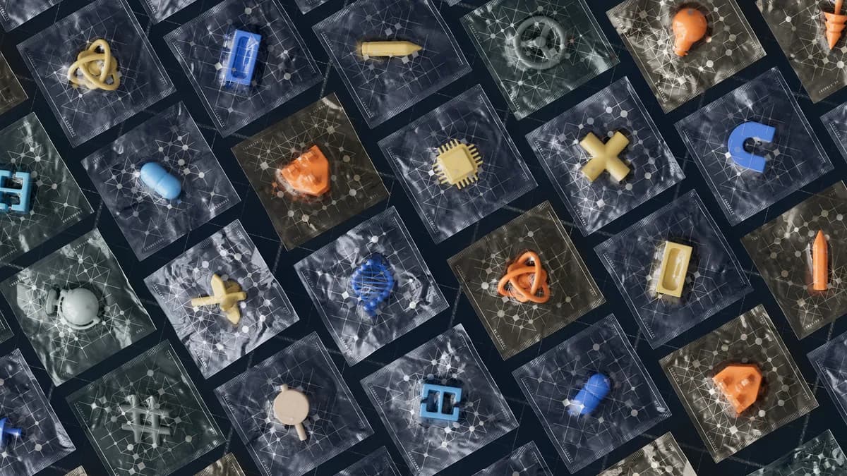 Abstract arrangement of 3D technology icons on a grid showcasing AI and digital concepts.