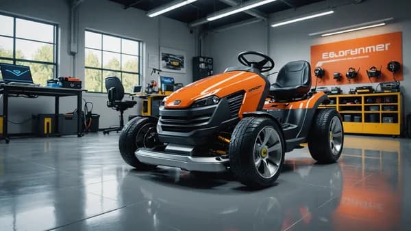A premium electric riding mower in a futuristic tech workshop with glowing displays and advanced circuitry.