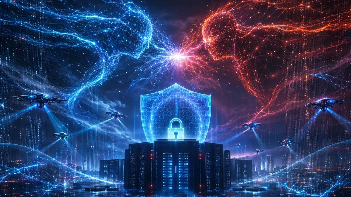 AI cyber defense shield protecting servers from opposing autonomous attack networks