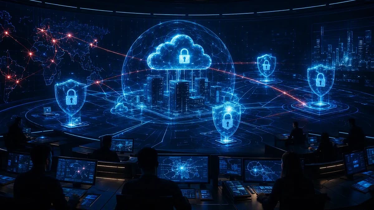 AI cybersecurity defenses shielding a glowing enterprise network in a dark futuristic command center