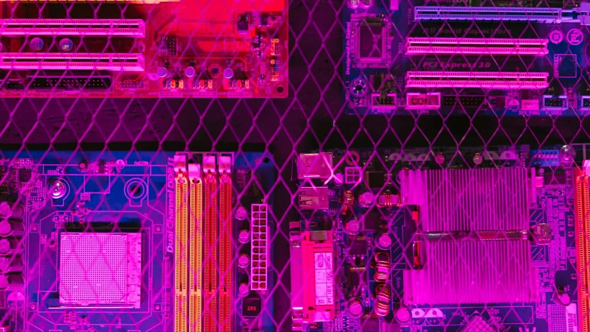 Colorful circuit boards behind a wire mesh, enhanced with pink and purple hues.