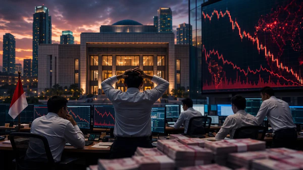 Jakarta traders watch falling abstract market charts amid rupiah pressure and central bank uncertainty.