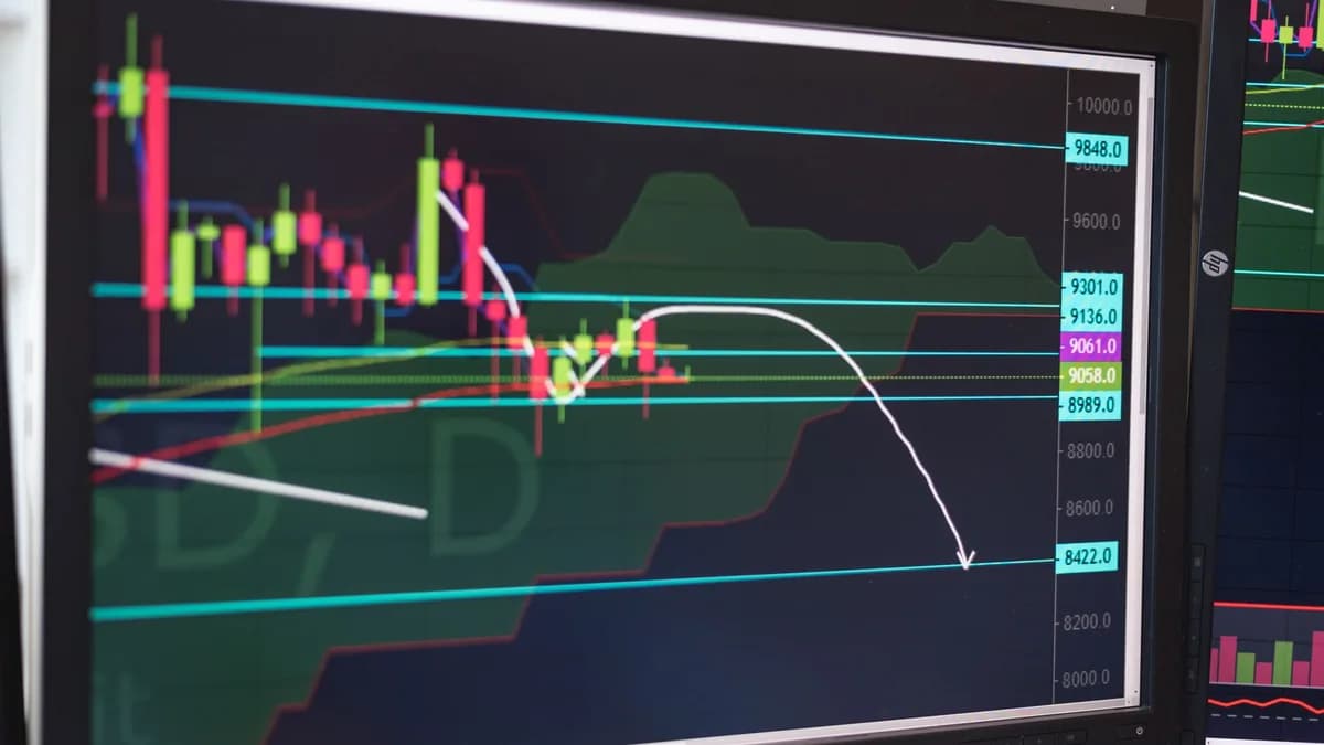 Close-up of a cryptocurrency trading chart displayed on a monitor, showing market trends and analysis.