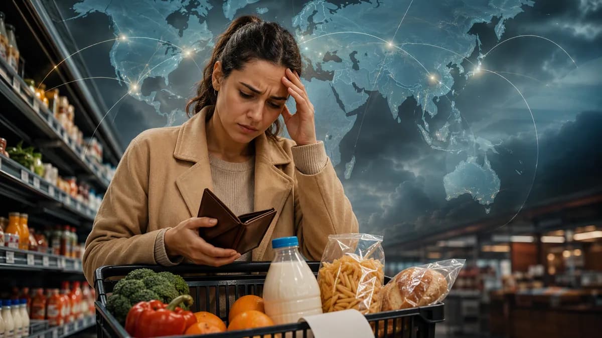 Worried shopper in supermarket with global map overlay symbolizing grocery inflation and consumer anxiety