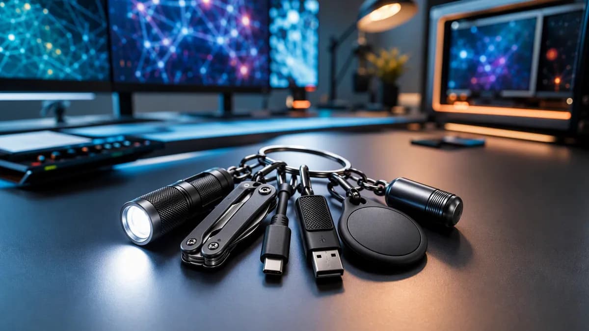 Photorealistic keyring with compact gadgets on a sleek futuristic tech desk.