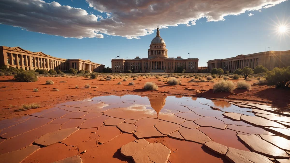 Symbolic blend of Australian outback and political architecture representing legal-political crisis under cinematic lighting.