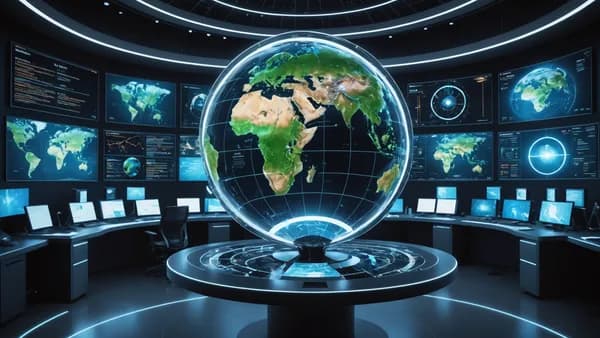 A futuristic workspace with a holographic globe showing a digital lake scene surrounded by floating screens and neural networks, representing technological cartography.