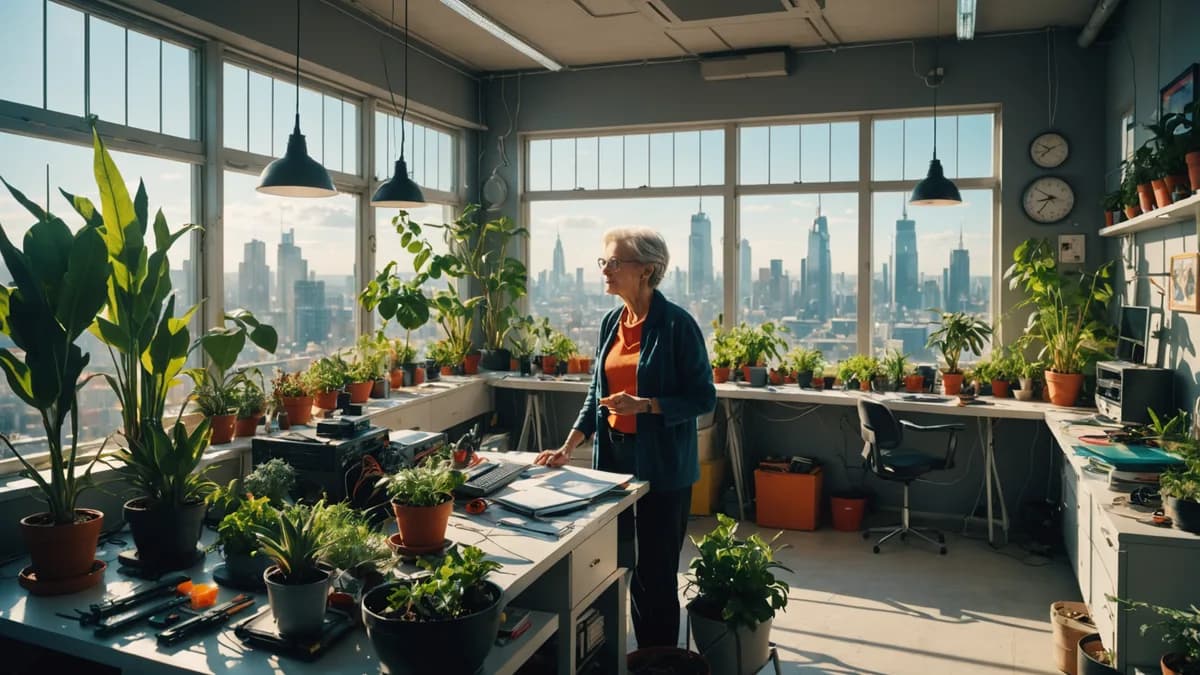 Digital art, cinematic lighting, futuristic. Wide establishing shot: An older woman in a vibrant, sun-drenched studio full of physical models, hanging plants, and analog tools, with a sleek futuristic city visible through a large window. The contrast betw