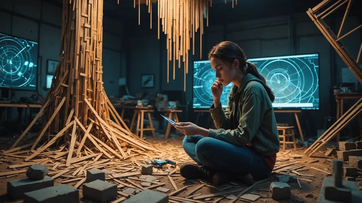 Digital art, cinematic lighting, futuristic. Medium scene: A young woman, frustrated, sitting amidst a pile of sculpting clay and bamboo strips, looking at a holographic schematic of a perfect, impossible structure projected by a small drone. The clash be