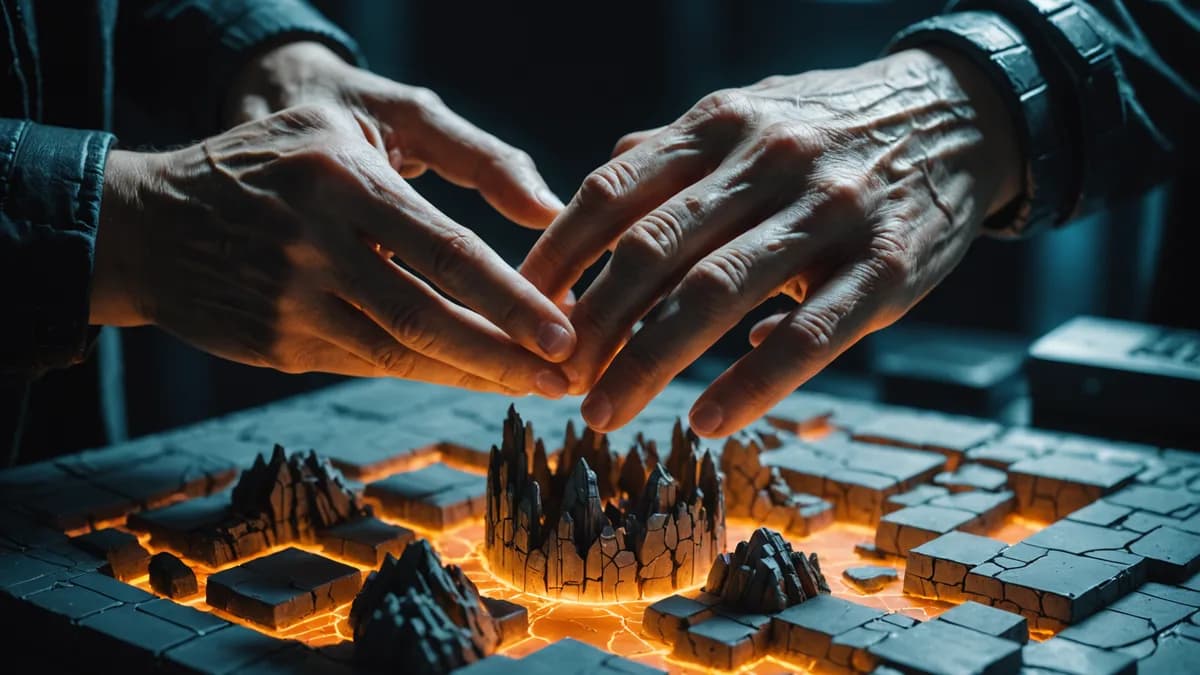 Digital art, cinematic lighting, futuristic. Detail/concept shot: A close-up of two hands, one young and one older, holding a complex, beautiful architectural model made of repaired ceramic and glowing bio-resin—it is imperfect, cracked, and brilliant. Th