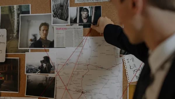 Detective examining a crime investigation board with photos, maps, and notes indoors.