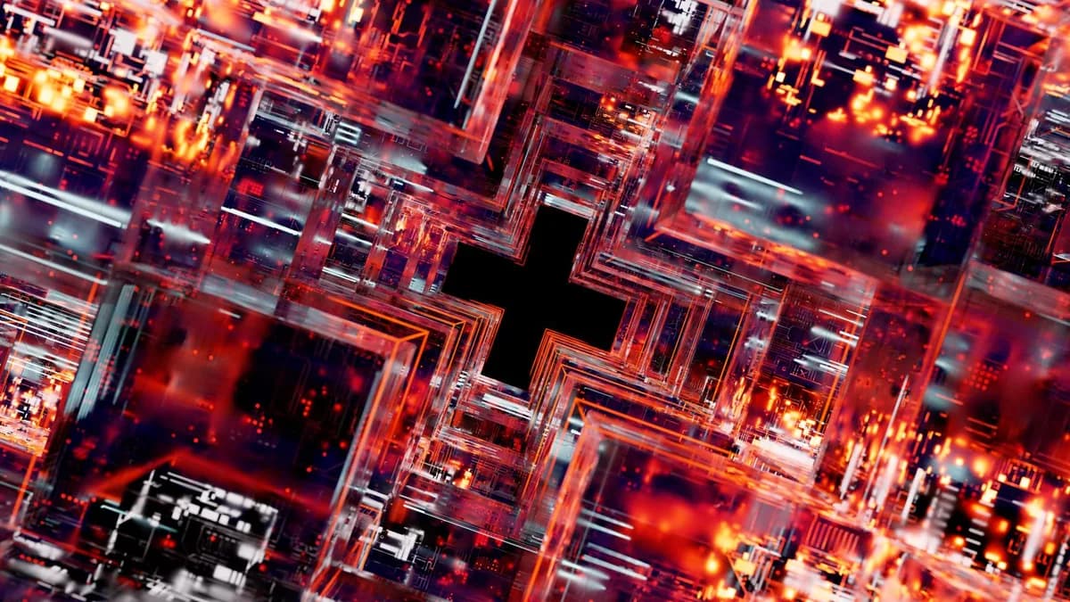 Abstract image depicting high-tech digital circuits and glowing LED lights.