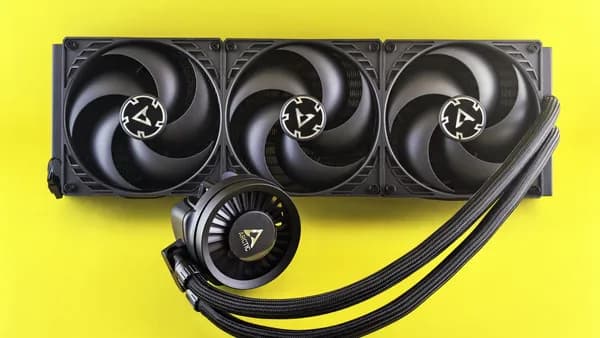 Triple fan CPU cooler with colorful background, efficient for gaming PCs.