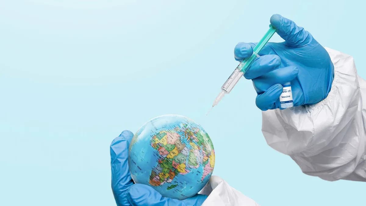 Hands in latex gloves injecting a globe with a syringe, symbolizing global vaccination efforts.