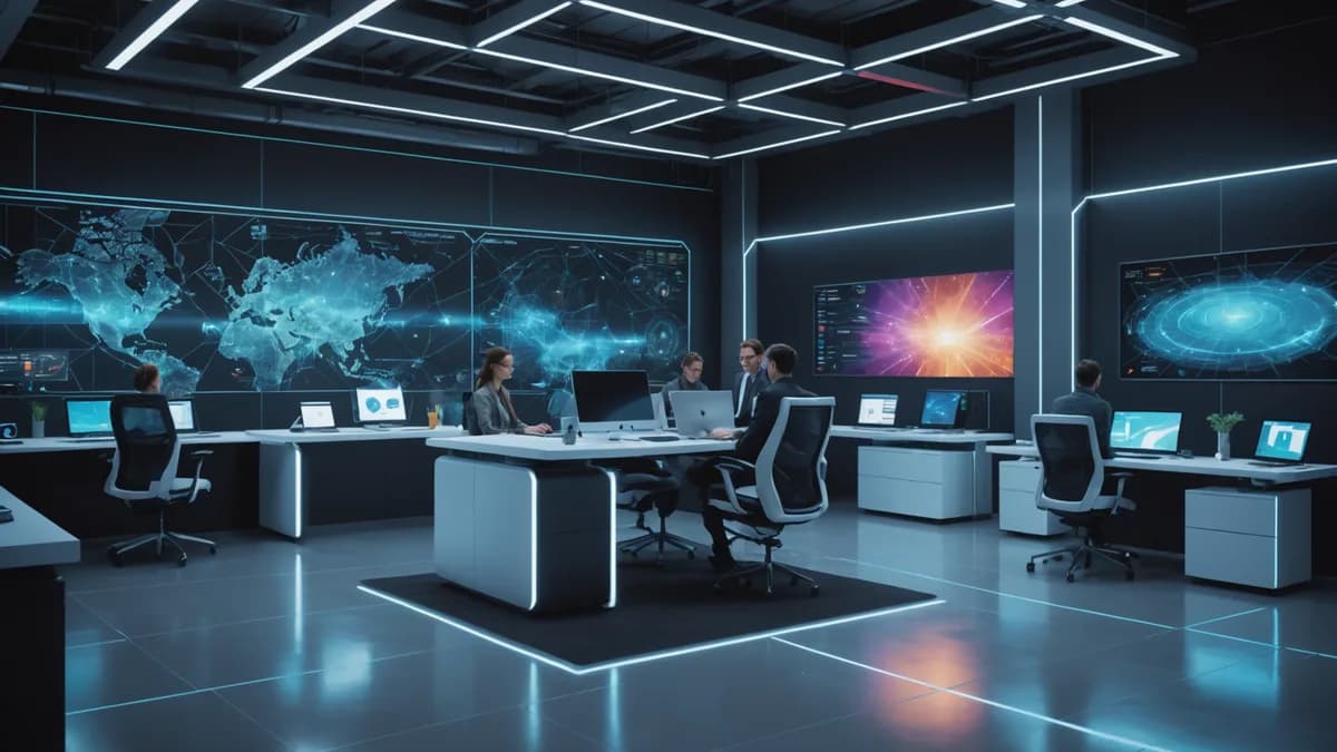Futuristic AI hub with glowing neural networks, sleek tech environment, cinematic lighting.