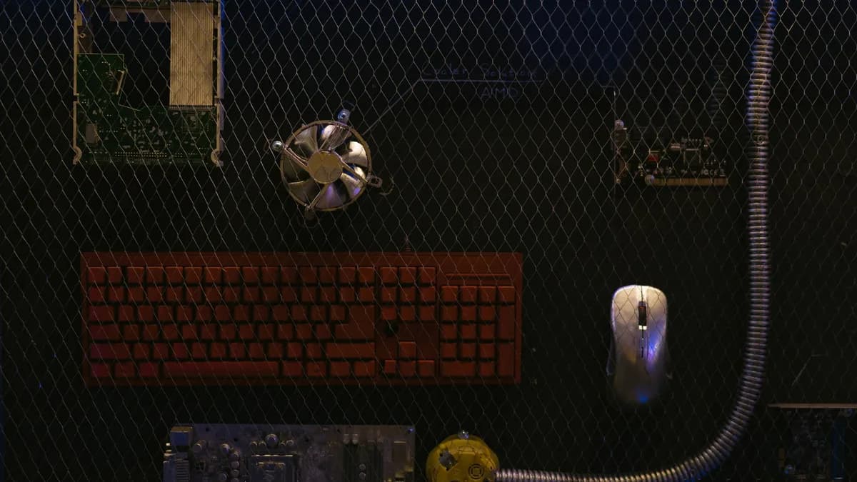 Top view of computer hardware components displayed against a wire mesh background.