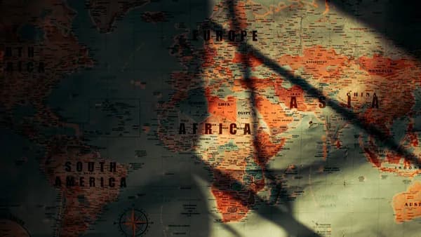 From above of sunlit aged paper world map with continents countries and oceans
