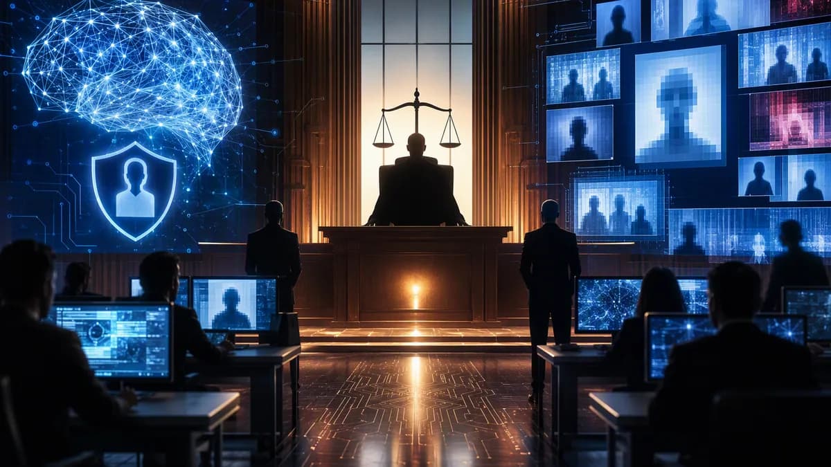 Futuristic courthouse and AI hub scene symbolizing legal scrutiny of harmful image apps