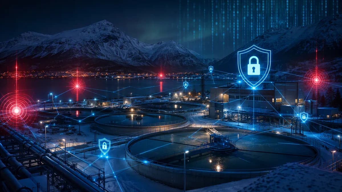 Minnesota water utility facility under cyberattack with digital shields, locks, and dark data network visuals.
