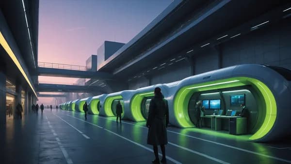 Wide establishing shot: A lone figure (Zara) standing with a courier case at the entrance of a vast, silent autonomous transport hub in a hyper-dense city at twilight, with sleek pods gliding silently on elevated tracks and colossal vertical farms forming