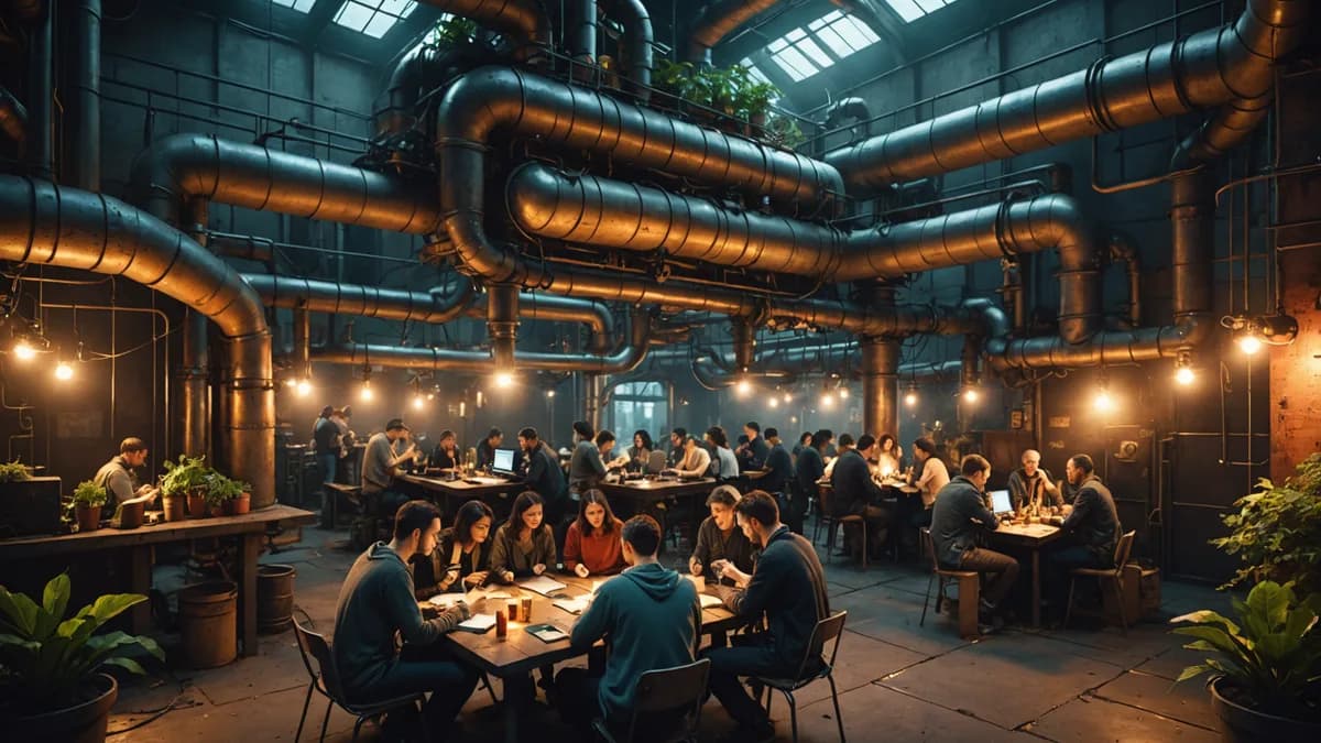 Medium scene: A warm, intimate scene inside a hidden 'meetpoint' within a decommissioned industrial space with massive pipes and valves, lit by string lights. A diverse group of people are sharing food, talking, and one is reading from a physical book, wh