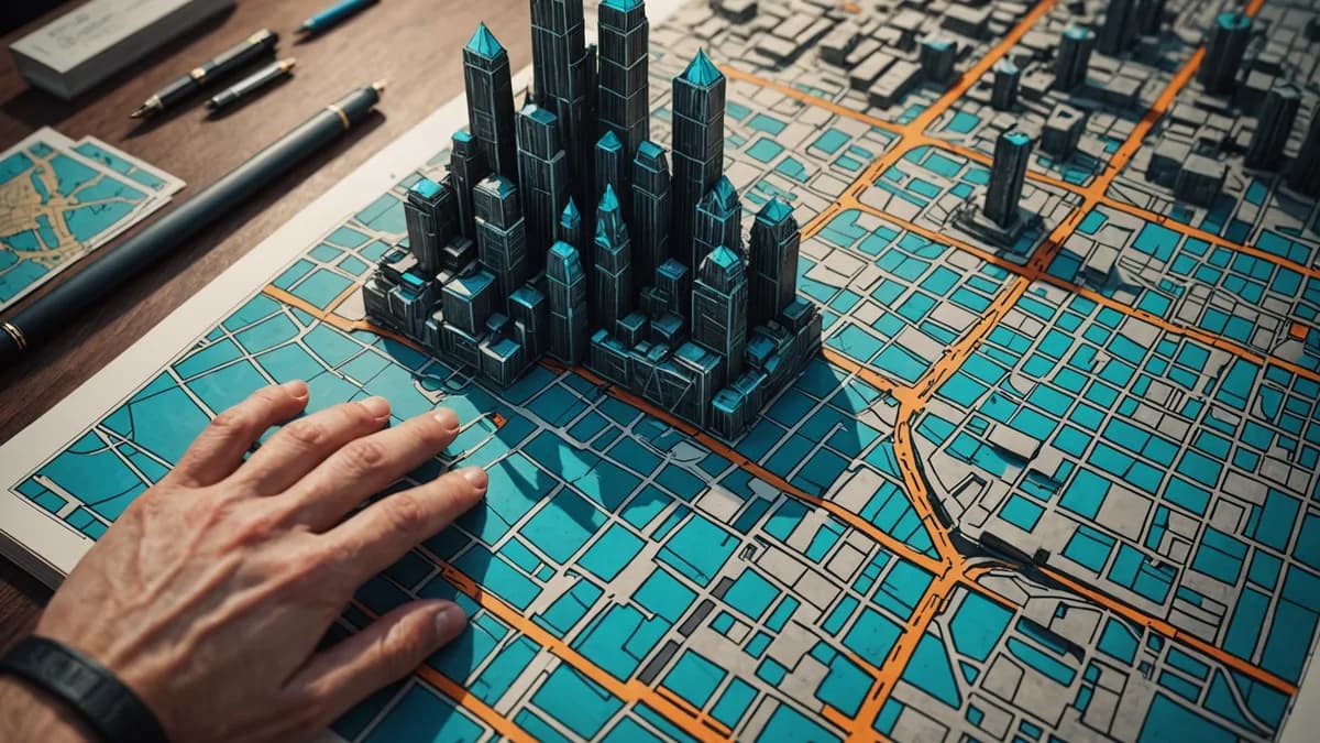 Detail/concept shot: A close-up of a weathered, hand-drawn map in a physical journal, overlaying the sleek geometric lines of a futuristic city grid. The map shows detailed, small 'x' marks in unexpected, forgotten places. A hand rests beside it, holding