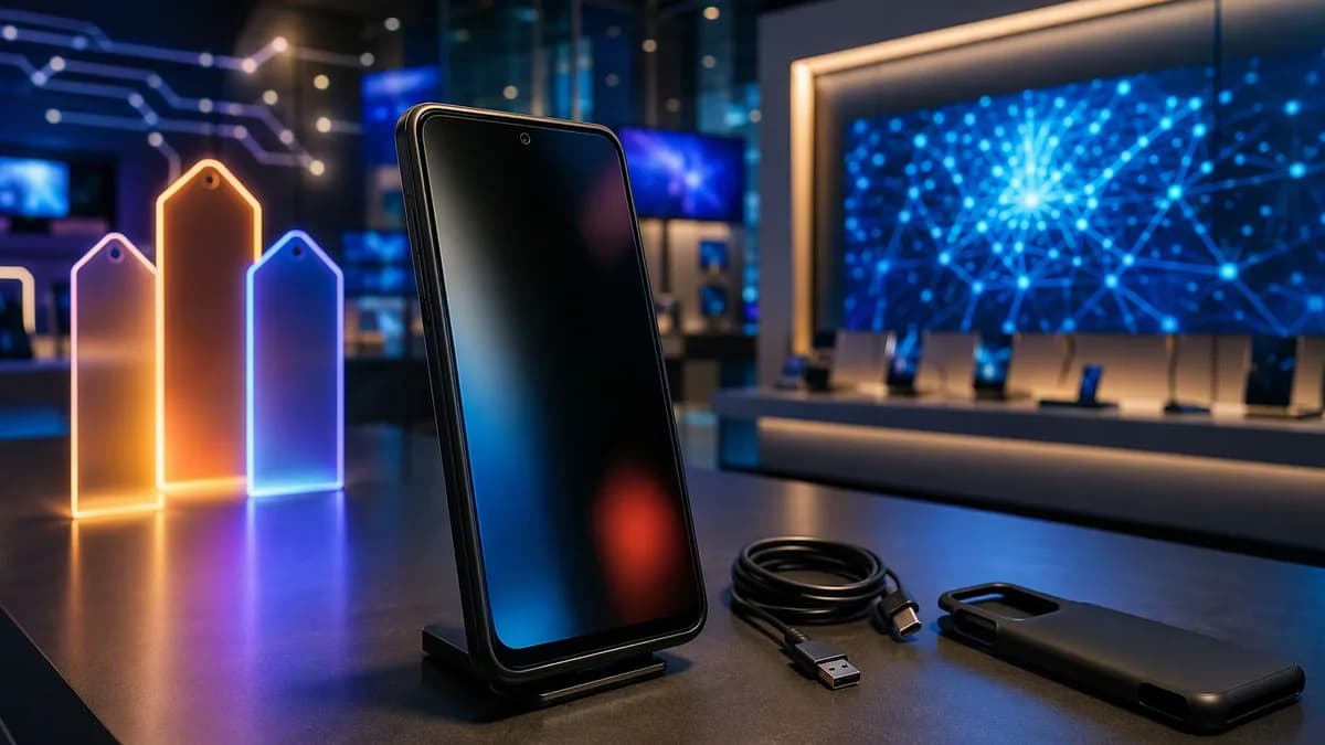 Generic budget smartphone on a sleek tech counter with futuristic screens and circuits.