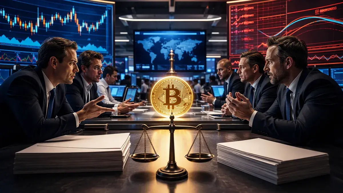 Trading floor with Bitcoin, market charts, and regulatory symbols showing a paused crypto options approval.