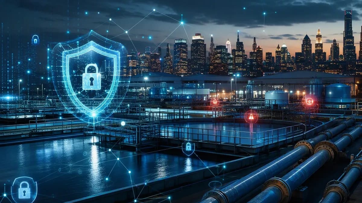New York water facility protected by cybersecurity shields and digital network overlays